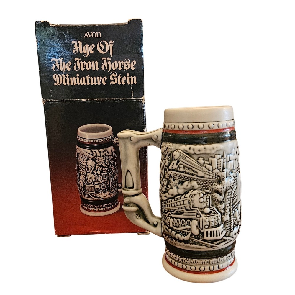 Avon Age of the Iron Horse Miniature Stein 1985 Ceramarte Brazil Train Mug Box